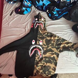 Bape Black and Camouflage Shark Zip-Up Sweater